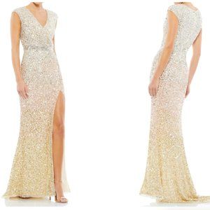 MAC DUGGAL SEQUIN EMBELLISHED TRUMPET THIGH SLIT NUDE GOWN sz 4